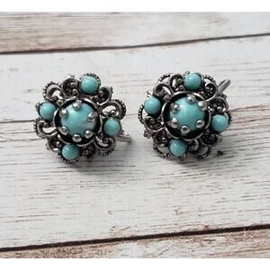 Vintage Screw Back Earrings Silver Tone & Turquoise Tone Ornate 0.75"